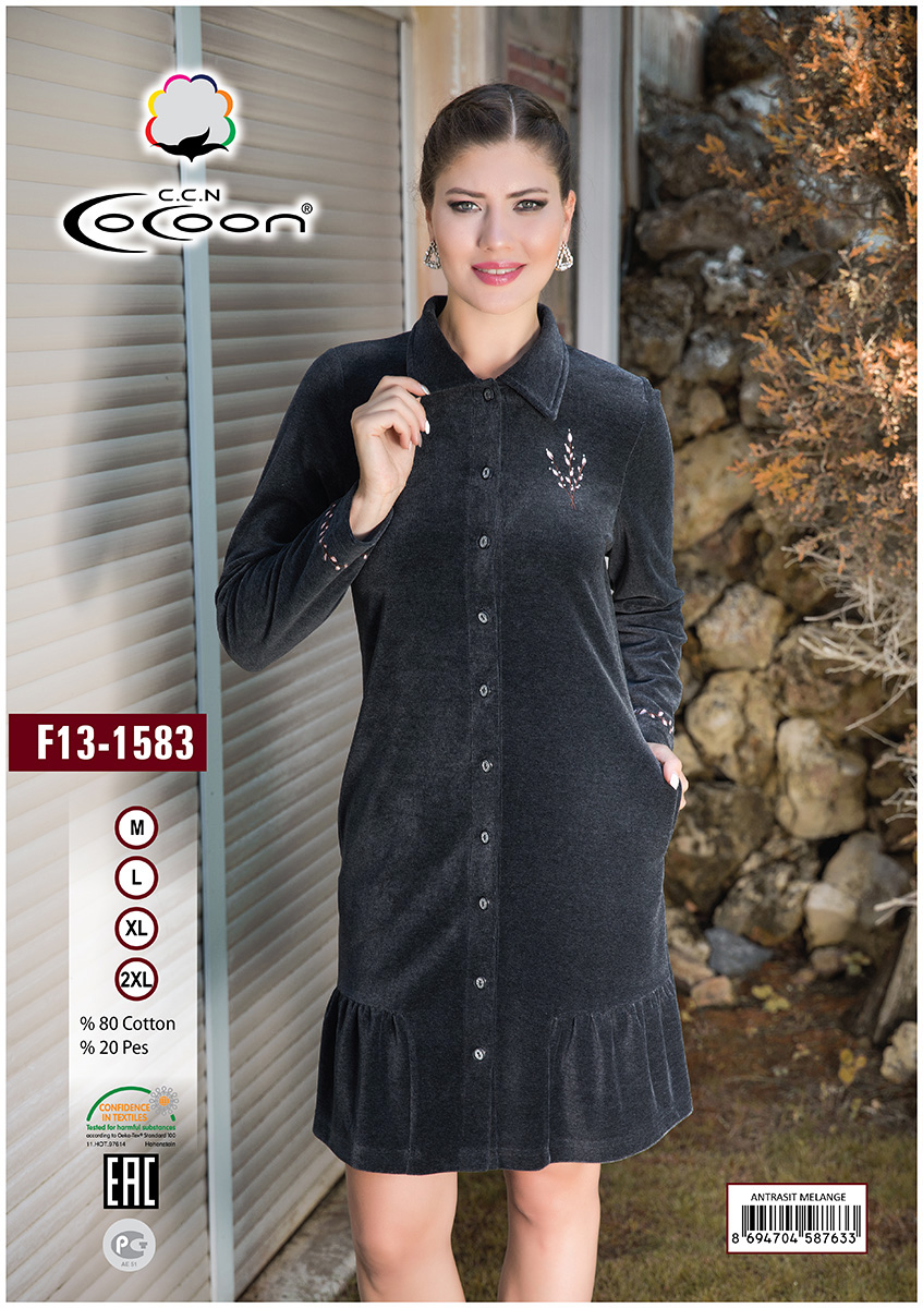 Женский велюровый халат на пуговицах F13-1583 серый Cocoon