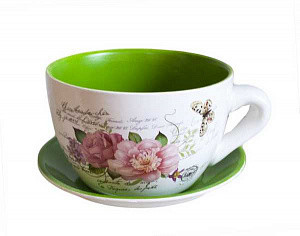 Горшок MC-1904031-4 цветочный керамический чашка с блюдцем, 20х12 см (зеленый) flatel