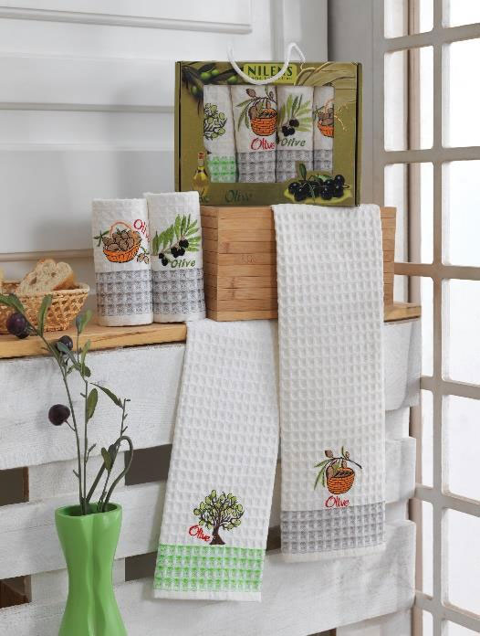 Комплект вафельных полотенец с вышивкой 50x70 (4 шт) 574 Оливки Fruit