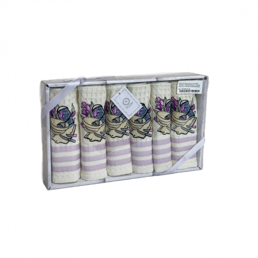 Комплект вафельных полотенец 35х45 (6 шт) 766 Посуда с цветами V6 Nilteks